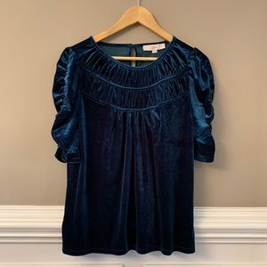 LOFT NWT S Teal Velvet Blouse with Gathered Details & Stretch